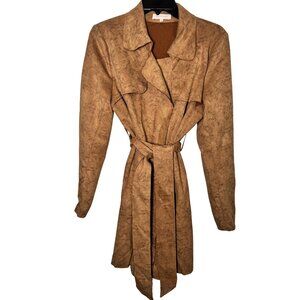 Solitaire Camel Faux Suede Waterfall Trench Coat Belted Size L